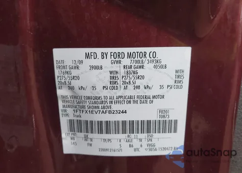 2010 Ford F-150 Fx4/Lariat/Xl/Xlt z USA, uszkodzony, nr VIN 1FTFX1EV7AFB23244